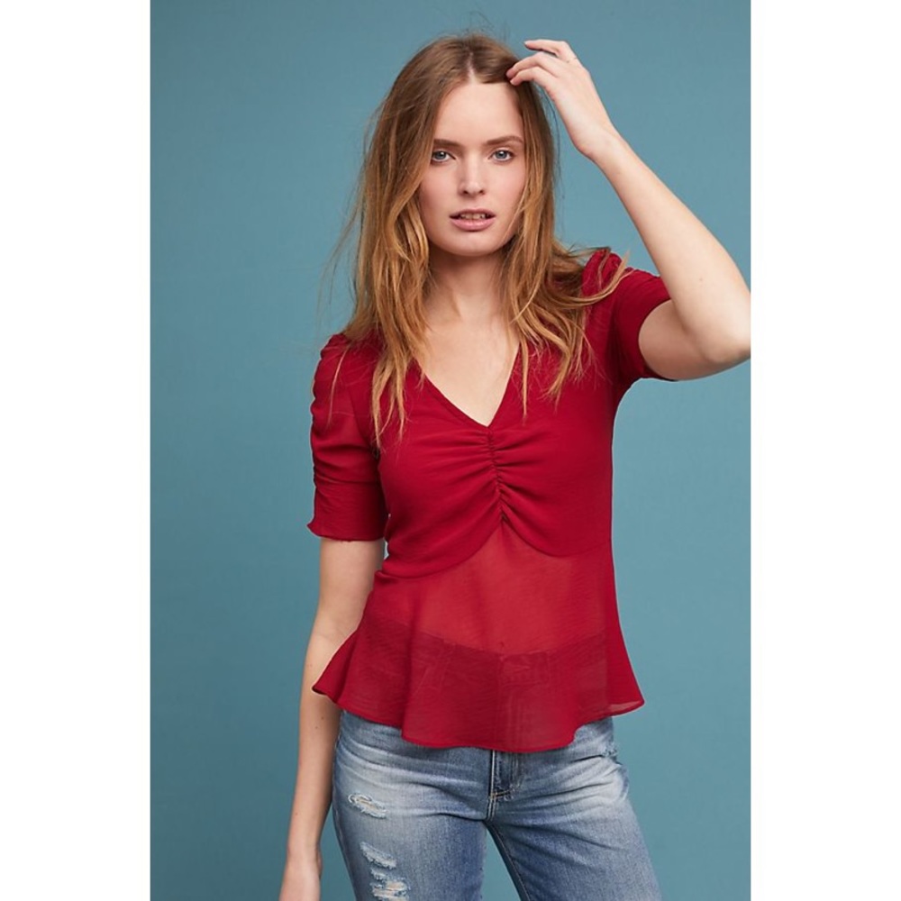 Anthro Maeve Peplum Ruched Blouse Half Sleeve